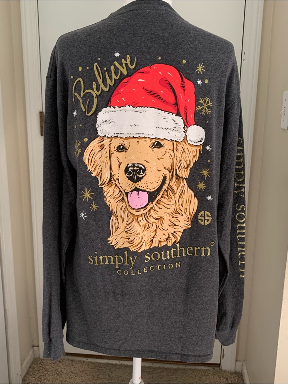 Simply Southern Christmas Shirt Santa Dog Graphic Gray Glitter Long Sleeve Sz M